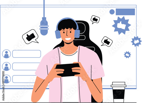 A young gamer in a headset streaming video games, interacting with viewers online.