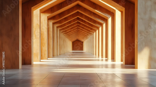 3D Render: Long Corridor with Wooden Beams and Light