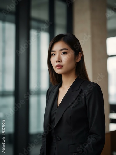 Asian woman in black outfit, confident in office setting.