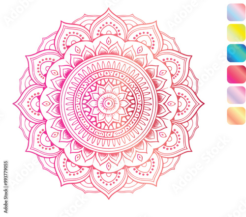 a colorful mandala with a pink and purple design on it.