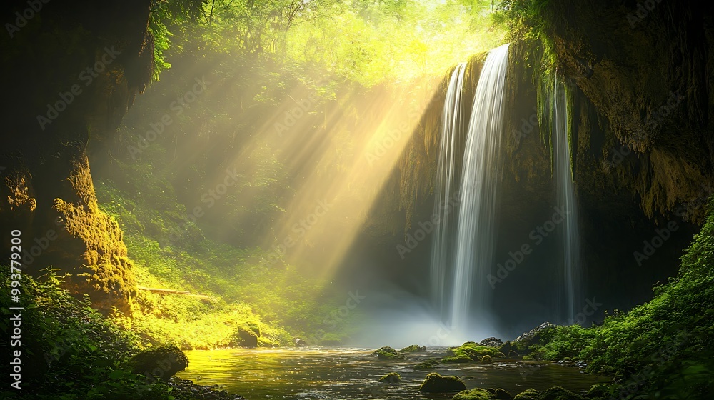 Sunlight streams through a lush forest canopy, illuminating a cascading waterfall. Sunlight streams through a lush forest canopy, illuminating a cascading waterfall.