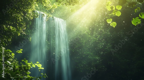 Sunbeams illuminate a cascading waterfall in a lush green forest.