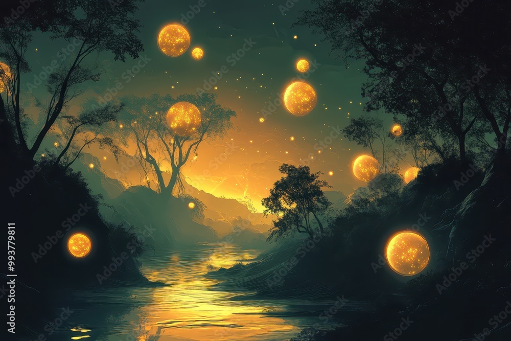 A Serene River Flows Through a Forest Lit By Glowing Orbs A Serene River Flows Through a Forest Lit By Glowing Orbs