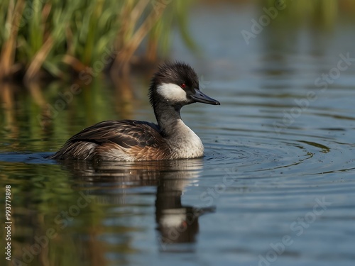 Australasian Grebe peacefully swimming in wetlands.