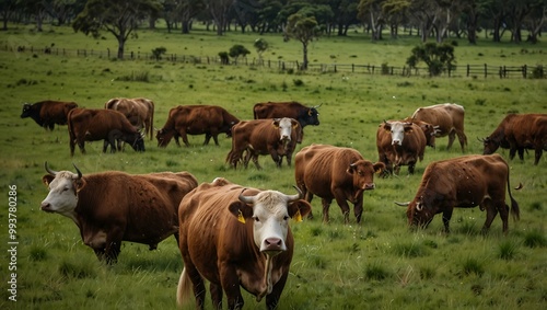 Australian beef bulls and cows grazing in a lush field.