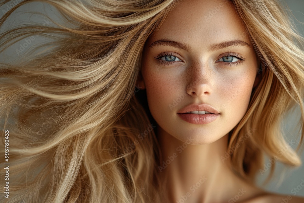 Glamorous Portrait of Woman with Flowing Blonde Hair in Motion
Glamorous Portrait of Woman with Flowing Blonde Hair in Motion