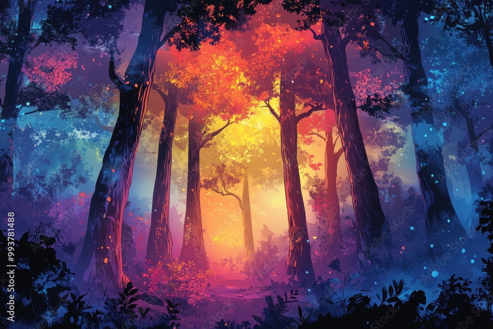 A Mystical Forest Path Illuminated by a Glowing Sunset A Mystical Forest Path Illuminated by a Glowing Sunset