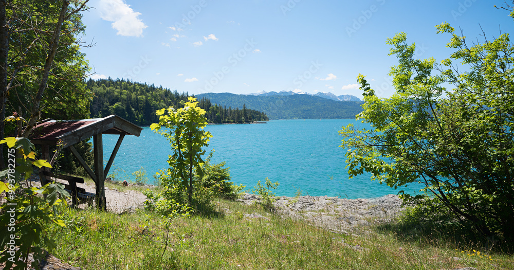 spring landscape lake Walchensee, shore with trees and mountain view spring landscape lake Walchensee, shore with trees and mountain view