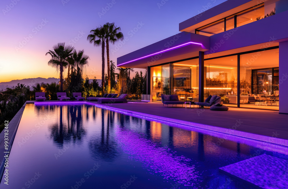 Fototapeta premium A modern swimming pool in front of an ultra-modern villa at night. The pool is lit with purple LED lights, surrounded by palm trees and a garden