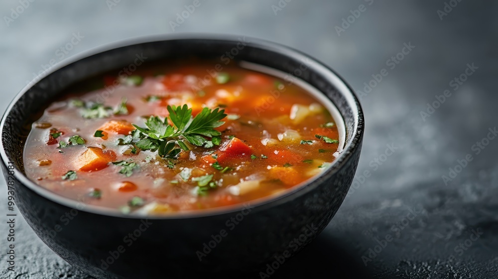 A flavorful vegetable soup served in a dark bowl, adorned with fresh parsley. The vibrant colors and rich texture make it a hearty and inviting dish, perfect for warmth. A flavorful vegetable soup served in a dark bowl, adorned with fresh parsley. The vibrant colors and rich texture make it a hearty and inviting dish, perfect for warmth.