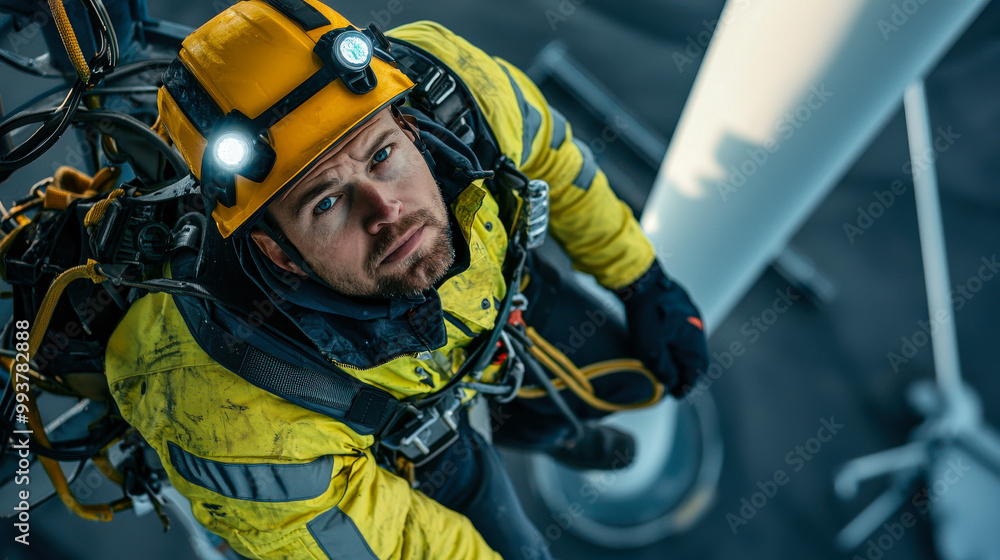 Fototapeta premium maintenance worker in yellow safety helmet and harness is performing tasks on offshore wind turbine, showcasing importance of safety and precision in renewable energy