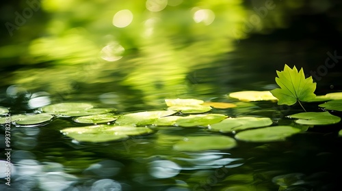 Vibrant green leaves gently floating on the surface of a tranquil pond reflecting the soft light of the sun and creating a peaceful serene atmosphere