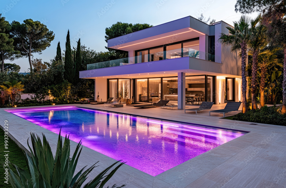 Fototapeta premium A large pool with purple LED lights illuminating the water at night, surrounded by modern architecture and palm trees in an outdoor area of a luxurious home.