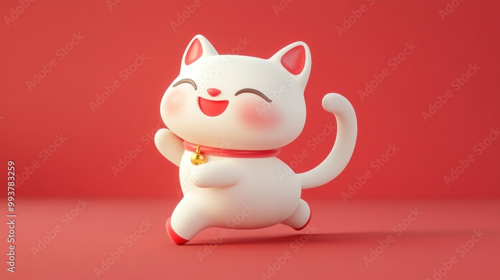Cute White Cat Cartoon Running On Red Background Cute White Cat Cartoon Running On Red Background