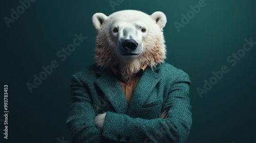 An imaginative and unique image of a polar bear depicted in human form, wearing a green suit with arms crossed and a serious expression, representing modern surrealism. photo