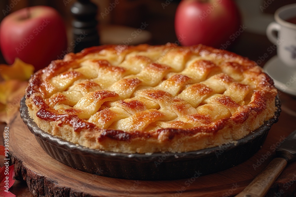 Apple pie decorated with lattice overhead shot, fall baking concept Apple pie decorated with lattice overhead shot, fall baking concept