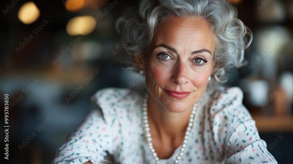 An elegant woman with silver-gray hair sits gracefully, wearing a stylish patterned dress, exuding sophistication and poised confidence in a cozy interior setting. An elegant woman with silver-gray hair sits gracefully, wearing a stylish patterned dress, exuding sophistication and poised confidence in a cozy interior setting.
