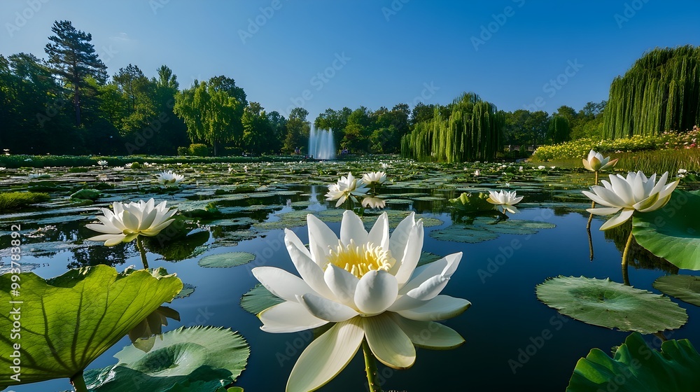 A breathtaking wide angle photograph showcasing a serene and picturesque pond filled with an abundance of blooming white lotus flowers their delicate petals floating on the calm water surface A breathtaking wide angle photograph showcasing a serene and picturesque pond filled with an abundance of blooming white lotus flowers their delicate petals floating on the calm water surface