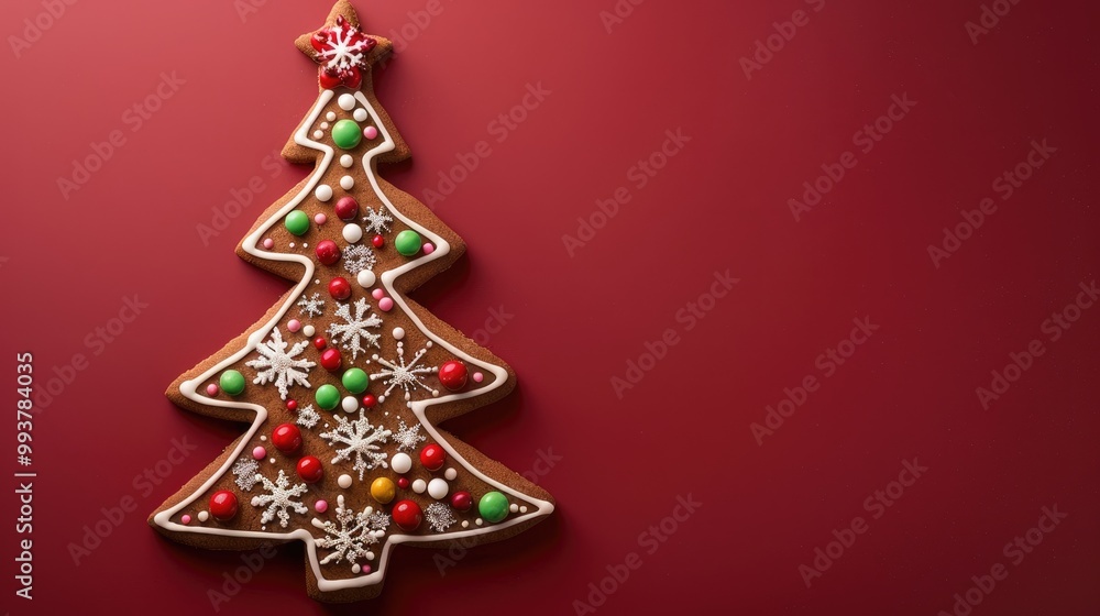 gingerbread cookie of Christmas Tree on red background. Traditional Christmas food. Christmas and New Year holiday concept gingerbread cookie of Christmas Tree on red background. Traditional Christmas food. Christmas and New Year holiday concept