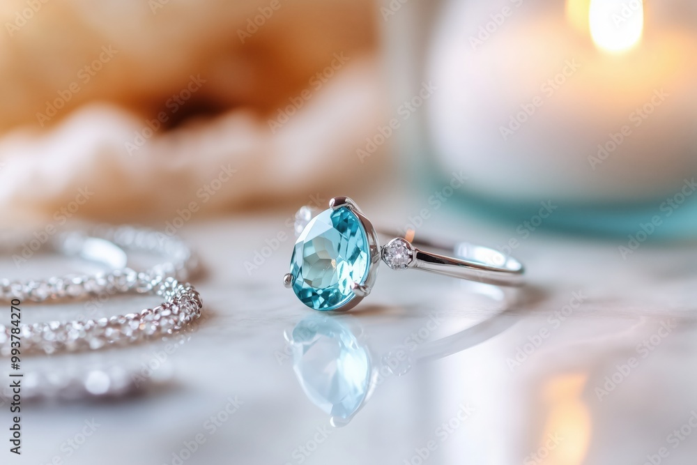 Aquamarine jewelry set displayed on marble Aquamarine jewelry set displayed on marble