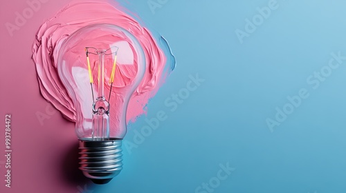 A classic light bulb partially immersed in pink paint against a blue background, symbolizing the fusion of ideas and artistic creativity, blending traditional with modern. photo