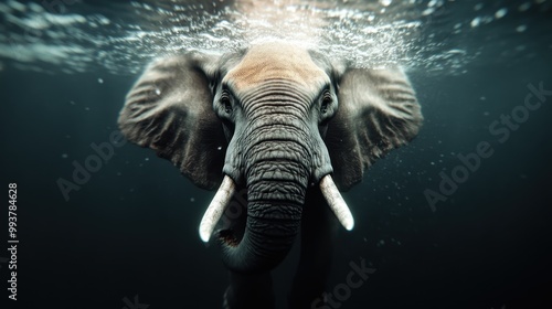 An elegant elephant gracefully swims underwater, creating gentle bubbles. The image captures the majestic animal in an unexpected aquatic environment with utmost serenity.