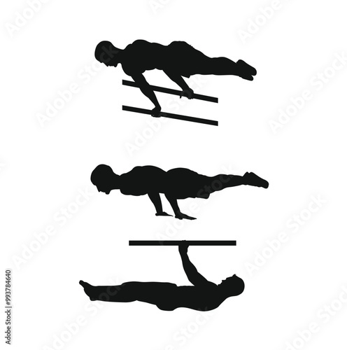 Silhouette of a man doing a push-up exercise in different angles. Vector illustration.