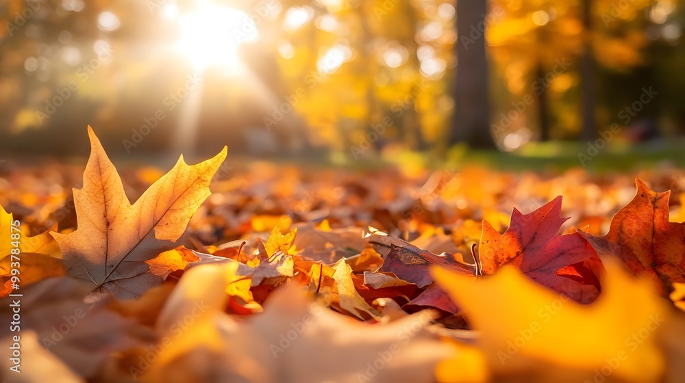Colorful and Textured Display of Dry Autumn Leaves Scattered on the Ground with Blurred Trees and Sunlight in the Background Colorful and Textured Display of Dry Autumn Leaves Scattered on the Ground with Blurred Trees and Sunlight in the Background