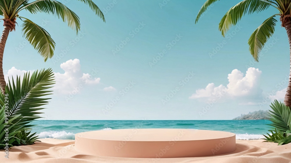 Fototapeta premium Tropical beach scene with a circular podium for product display.