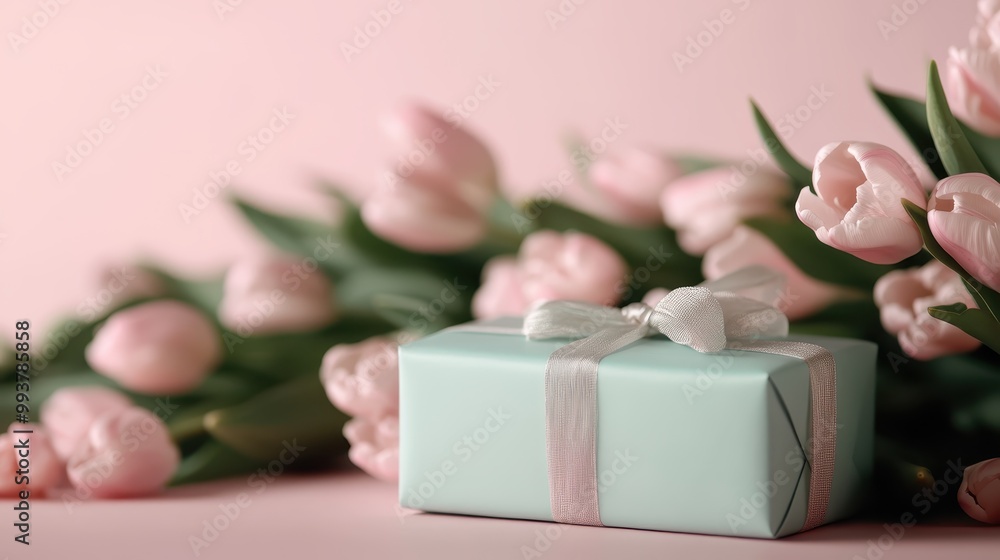 A neatly wrapped pastel blue gift box with a white ribbon surrounded by pink tulips, capturing a serene and joyful moment, ideal for celebrations. A neatly wrapped pastel blue gift box with a white ribbon surrounded by pink tulips, capturing a serene and joyful moment, ideal for celebrations.