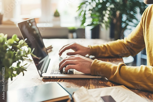 A person types on a laptop in a cozy workspace filled with plants, showcasing a blend of technology and nature.