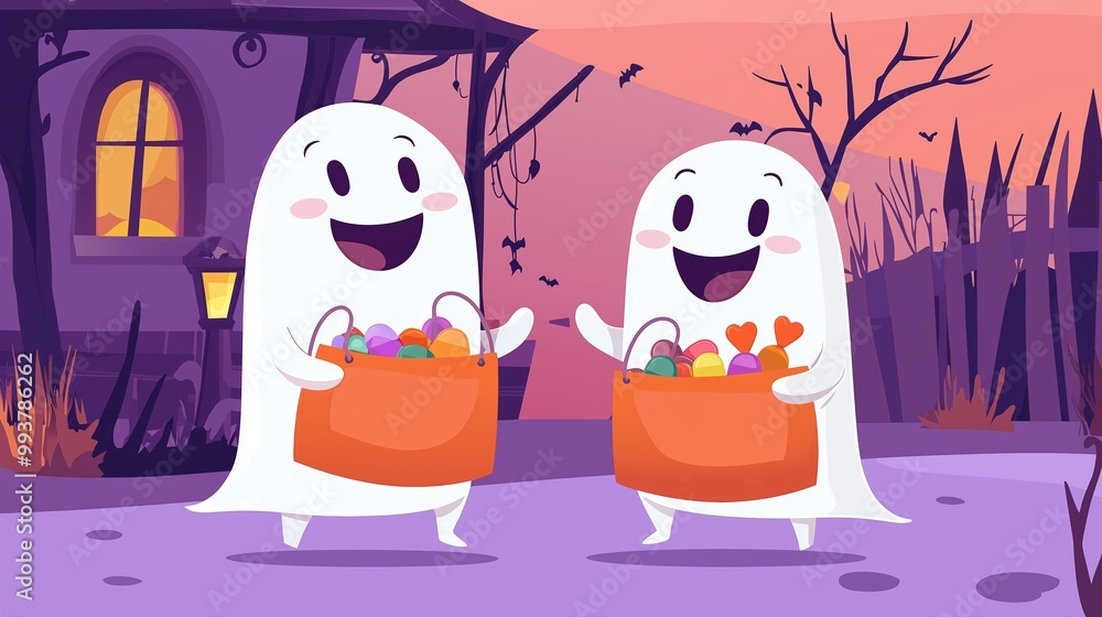 Friendly Cartoon Ghosts Trick-or-Treating with Halloween Candy Bags. Smiling Spirits Enjoying a Fun Halloween Night, Collecting Sweets in a Cheerful Purple-Themed Setting. Friendly Cartoon Ghosts Trick-or-Treating with Halloween Candy Bags. Smiling Spirits Enjoying a Fun Halloween Night, Collecting Sweets in a Cheerful Purple-Themed Setting.