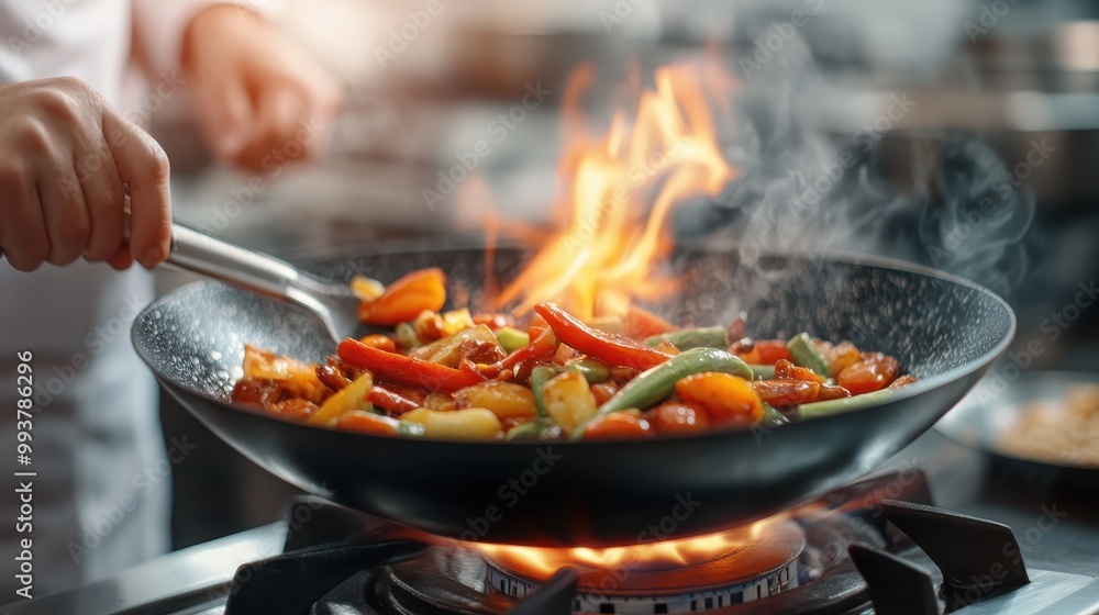 A chef stirs an array of colorful vegetables in a hot pan with intense focus, while vibrant flames flare up, epitomizing the dynamic and skillful nature of culinary arts in a modern kitchen. A chef stirs an array of colorful vegetables in a hot pan with intense focus, while vibrant flames flare up, epitomizing the dynamic and skillful nature of culinary arts in a modern kitchen.