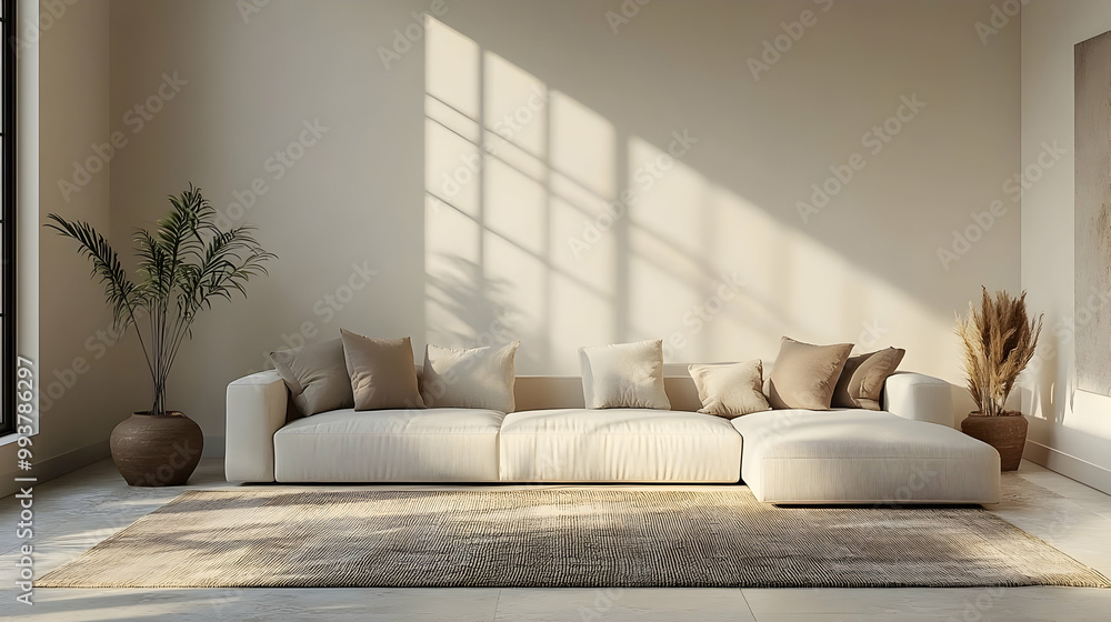 Modern Living Room Interior Design with White Sofa and Beige Rug - 3D Illustration Modern Living Room Interior Design with White Sofa and Beige Rug - 3D Illustration