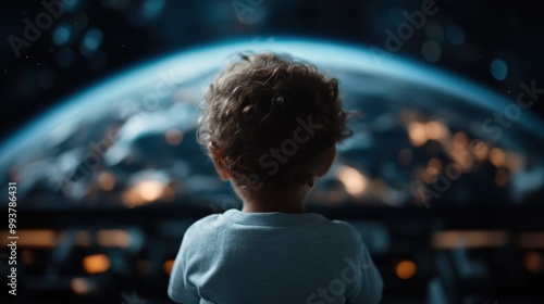 A young child is seen from behind, gazing at an illuminated globe of the Earth, with a cosmic background emphasizing the themes of exploration, discovery, and the future. photo