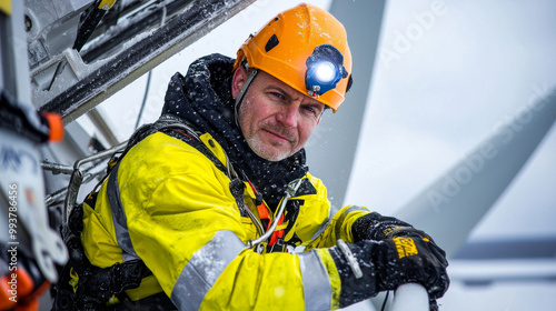 maintenance worker in bright yellow jacket and helmet is performing tasks on offshore wind turbine. snowy environment highlights challenging conditions of job