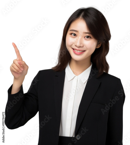 PNG A Beautiful young asian woman pointing something on the right with finger smile portrait adult.