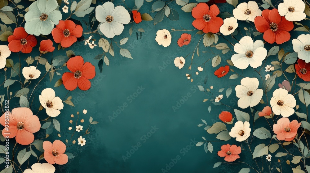 Teal floral pattern with red and green flowers on a vintage-inspired, modern teal background Teal floral pattern with red and green flowers on a vintage-inspired, modern teal background