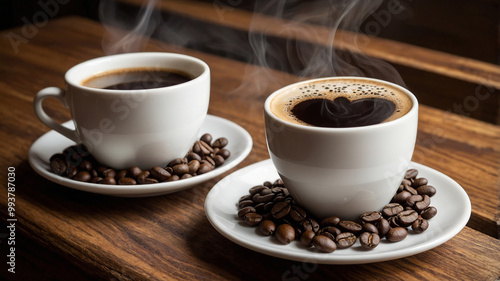 A cup of steaming hot coffee surrounded by coffee beans on a rustic wooden table.