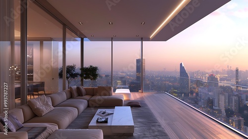 Wallpaper Mural Modern penthouse with a stunning view of the city skyline during sunset. The spacious balcony is furnished with a comfortable sofa and a coffee table, perfect for enjoying the evening ambiance. Torontodigital.ca