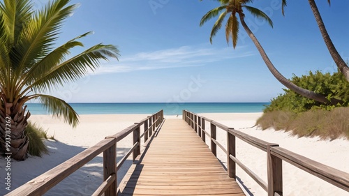 Wooden walkway leading to a pristine beach with palm trees and turquoise water.