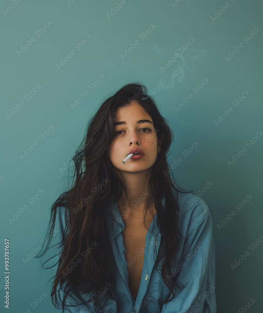 Fototapeta premium Portrait of a dark haired young woman with a cigarette in her mouth