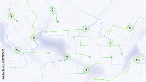 GPS tracking system for navigating car traffic. Concept of car with road and intersection. General city map with streets, roads. Navigation system for avoiding traffic jams. Vector illustration