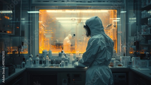 A highly realistic image of a person engaged in Laminar flow hood The scene is well-lit, with natural light highlighting the details. The background is slightly blurred to emphasize the activity. 