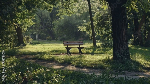 Solitary Bench in a Tranquil Green Forest