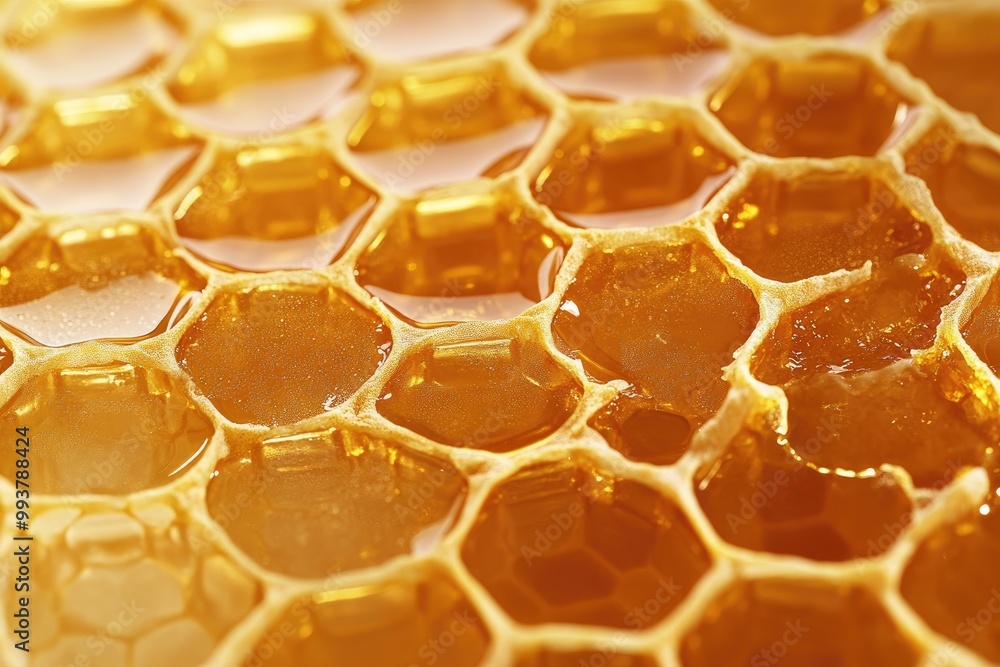Organic honeycomb texture with golden hexagonal patterns oozing with thick honey Organic honeycomb texture with golden hexagonal patterns oozing with thick honey