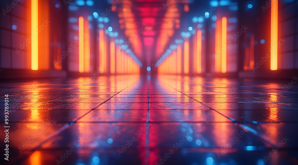 Obraz premium Neon Lights Reflecting on Wet Floor 3D Illustration