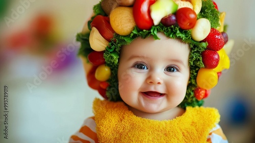 Adorable baby boy wearing a funny fruit and vegetable hat, healthy food concept.