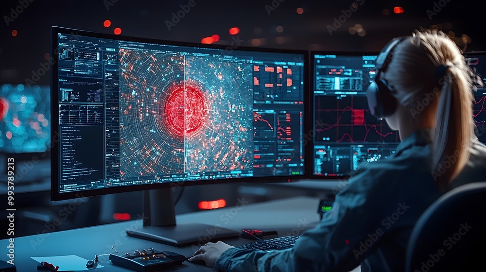 Security Team Monitoring Scanning Results on Control Room Display Security Team Monitoring Scanning Results on Control Room Display
