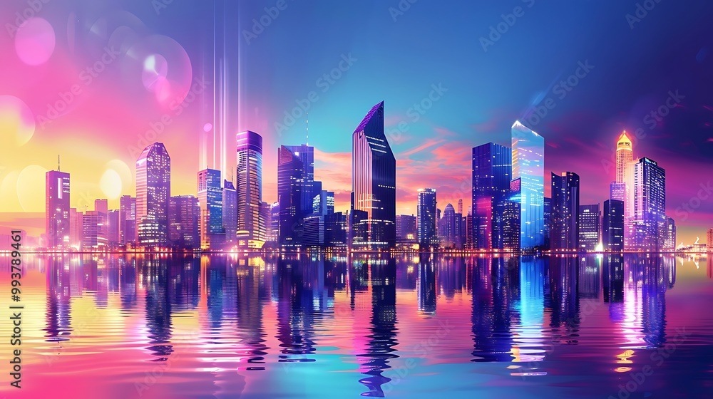 Fototapeta premium Colorful cityscape at sunset with vibrant reflections on the water for showcasing urban beauty warm scenic skyline concept.